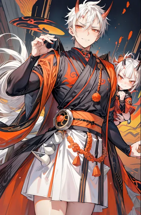 (flat color:1.1),(masterpiece:1.2), best quality, masterpiece, original,(short white spiked hair:1.2), orange eyes and accents, (mature handsome anime man with oni horns looking at the camera with a smile and blush:1.2), oni