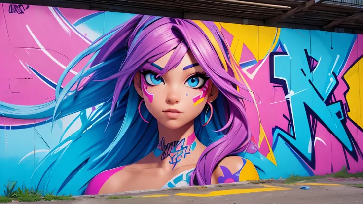 ((best quality)), ( high detail), (1girl), beautiful graffiti artist, (vivid color), spray painting a wall, HDR, 4k, 3D