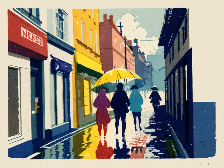 In this afternoon watercolor people scurry around the rainy cobblestoned streets of London, traffic and people are reflected on the wet roads. FML, watercolor, landscapes, nature, outdoors, concept art