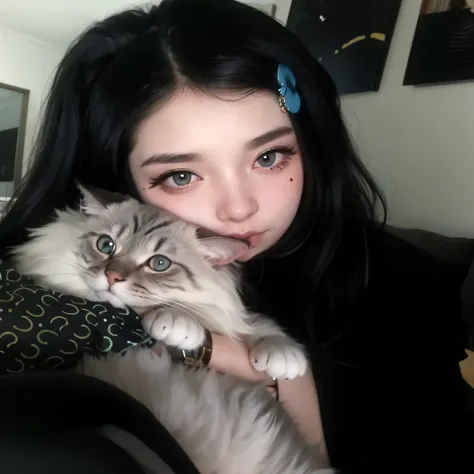 arafed woman holding a cat with a blue nose and black hair, emo girl and her cat, very beautiful cute catgirl, with small cat on lap, cruel korean goth girl, beautiful young catgirl, big cheeks holding her cat, attractive cat girl, with long hair and pierc...