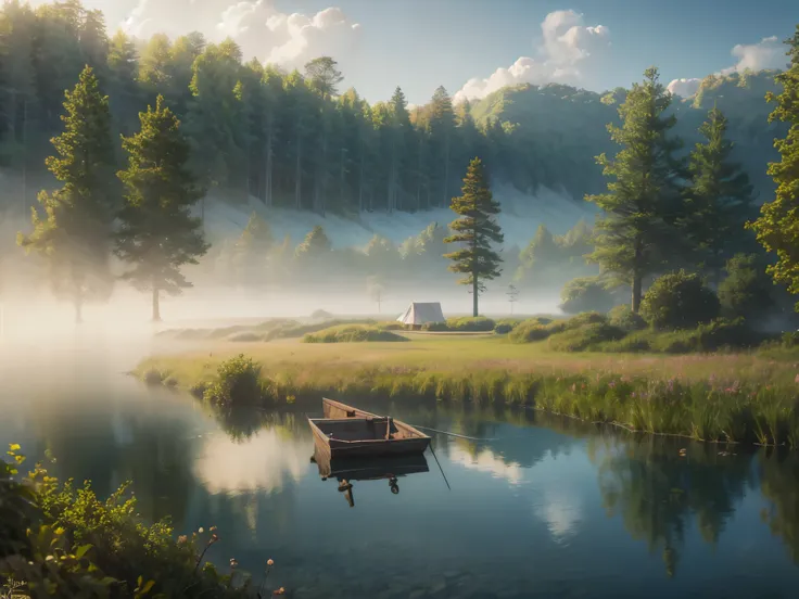 camp site, lake, fog, beautiful sky, detailed clouds, warm lighting, cinematic lighting, jpeg artifacts, Eye-Level Shot, drop shadow, Ghibli-like colours, atmospheric perspective, masterpiece, retina, accurate, best quality, highres, 8K, super detailed