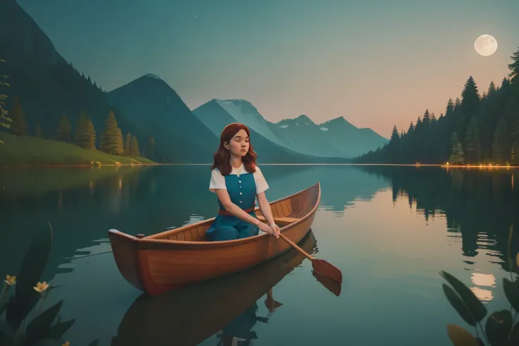 Moonlit Canoeing on a Tranquil Lake: Illustrate an adult woman with auburn curls, dressed in a classic boating outfit, embarking on a moonlit canoe ride on a serene lake. The lake reflects the shimmering moonlight, and the womans adventure is captured in W...