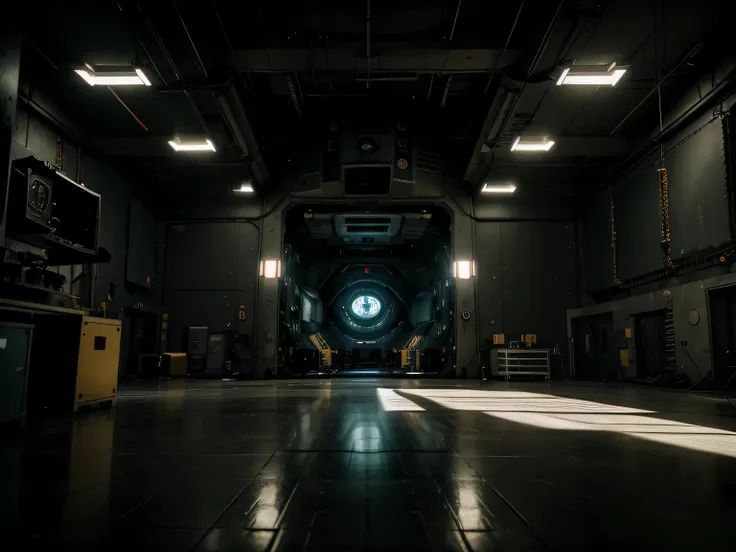 inside of a military lab, big room,eerie mood,many technical machines,many cables running through the room,unsettling atmosphere, a big mechanical pod in the middle of the room with a silhouette inside of it, studio lighting,physically-based rendering,vivi...