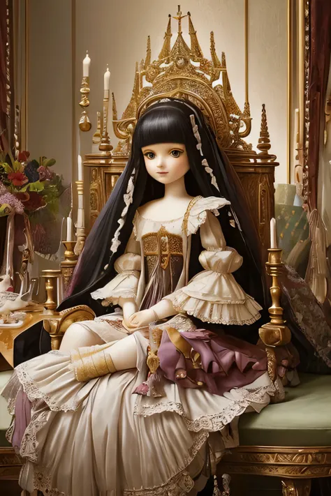 a close up of a doll sitting on a bed with a lot of pillows, artdoll, inspired by Richard Dadd, patchwork doll, highly conceptual figurative art, intricate fantasy, perched on intricate throne, esao andrews : : ornate, alexandra fomina, hana alisa omer, fu...