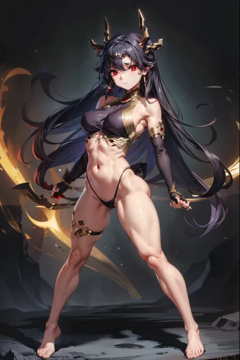 ishtar, ishtar, ahoge, black bow, bow, black hair, earrings, hair bow, hair ornament, jewelry, long hair, (red eyes: 1.5), (parted bangs: 1.5), (medium breasts :1,2), BREAK bare shoulders, elbow gloves, fingerless gloves, gloves, long sleeves, revealing cl...