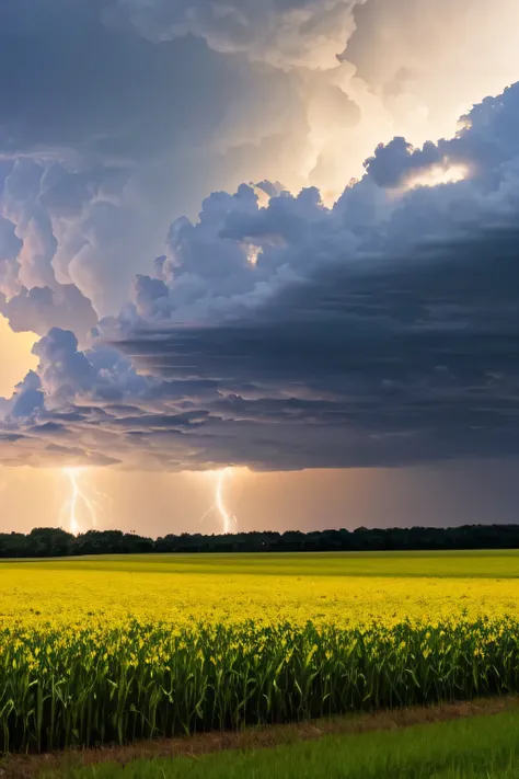 A cornfield in the sun with dark thunderheads forming in the distance. Rain falling with lightning.