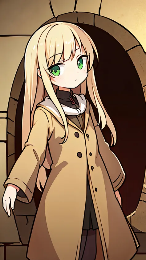 caramel blonde, left hair bangs,19 years old, middle hair, green eyes, Frostpunk