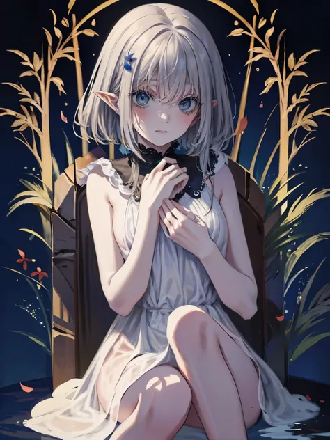 (masterpiece,best quality,ultra-detailed),1girl,beautiful and detailed face, detailed eyes,looking at viewer,delicate:1.2,((grey theme),((depression, sadness, melancholy)),pointy ears,pale skin,tired expression,sad,swollen eyelids,(loli),in a dark cave,Ski...