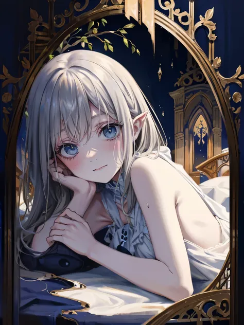 (masterpiece,best quality,ultra-detailed),1girl,beautiful and detailed face, detailed eyes,looking at viewer,delicate:1.2,((grey theme),((depression, sadness, melancholy)),pointy ears,pale skin,tired expression,sad,swollen eyelids,(loli),in a dark cave