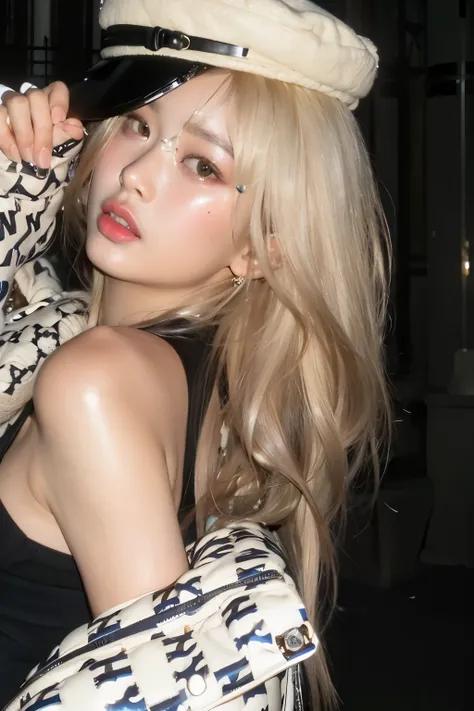 blond woman with a hat and scarf posing for a picture, roseanne park of blackpink, lalisa manoban of blackpink, lalisa manobal, ava max, blackpink jennie, portrait of jossi of blackpink, jossi of blackpink, ulzzang, pale fair skin!!, extremely pale blond h...