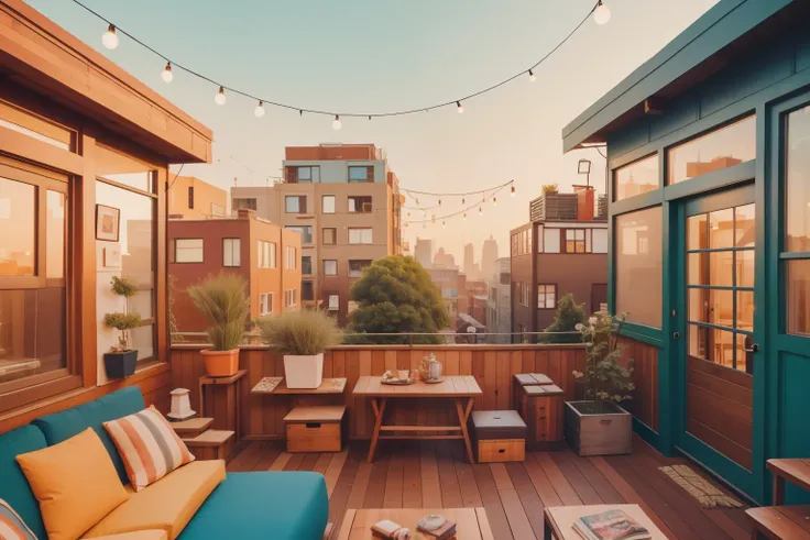 The Brooklyn Treehouse Retreat: Craft an image of an adult man with a beard and a man bun, dressed in a combination of urban and vintage styles, creating a secret treehouse on a Brooklyn rooftop. The treehouse is filled with mismatched furniture and whimsi...