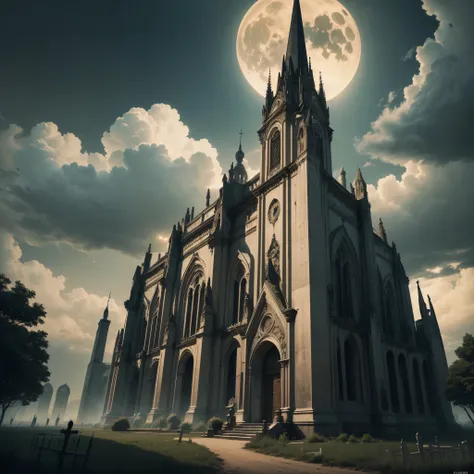 Design a landscape around a cemetery in central Europe from the 14th century, , night setting with full moon among the clouds, hiperrealista, Illustration, arte digital, gloomy atmosphere, imagen vertical, (((obra maestra))),(((La mejor calida ddetallada))...