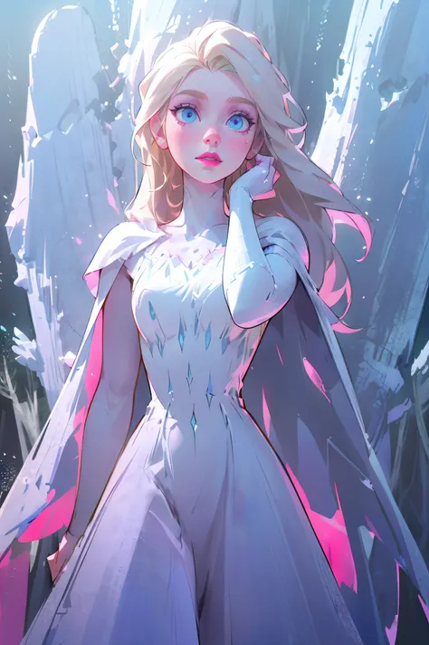 (snow_queen_elsa:1), frozen,  (white dress, white cape, blue details dress, long hair, blonde hair, blue eyes, pink lips, pale s...