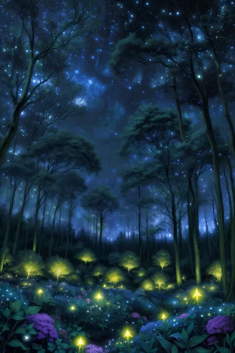 dark secret grove in a forest, garden, lush, floral, botanical, romanticism, moody, space, stars, night time, night sky, dark colors, complicated land, open sky