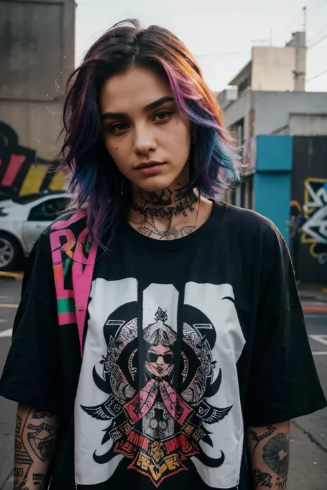 upper body portrait,raw essence of a tattooed street style icon,rebellious energy,wearing oversized shirt with logos,vibrant graffiti as backdrop,edgy fashion,sense,confident gaze,colorful hair,light beams streaming through haze,