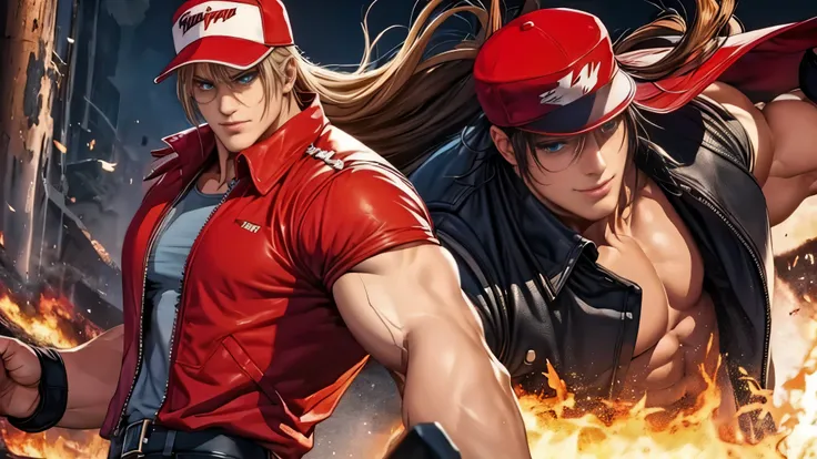 terry bogard character(alone), mature face, handsome man, face detailed, long hair, casual clothing(red colors), hat, dirty skin...