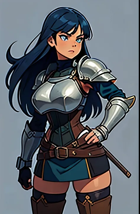 1girl, cowboy shot, long hair, swept bangs, dark blue hair, green eyes, tan skin, huge breasts, knight, armor, gauntlet, shoulder pads, leather breastplate, corset, grey shirt, leather belt, dragon emblem, sword in scabbard, sword at hip, high boots, black...