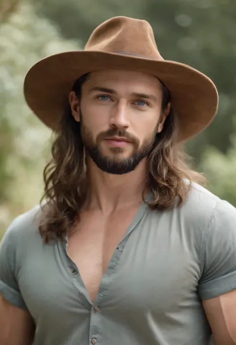 Poseidon, shoulder length brown hair, beard, ocean blue eyes, chiton, muscular. Realistic hyper-detailed portraits, masculine, western style portraits, digital art techniques, wearing a gardeners hat, standing in a garden background