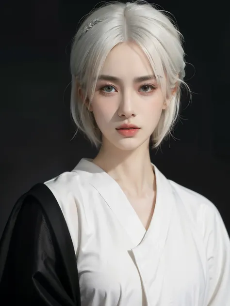 Girl, human, pretty, white hair, realistic, samurai, short hair, makeup to face