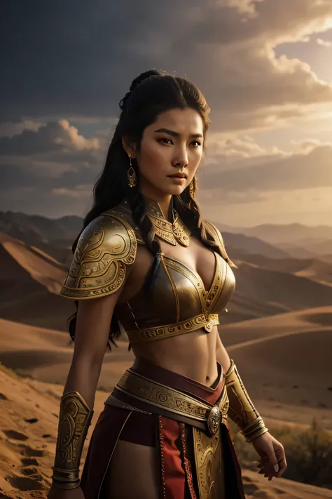 khutulun, the badass mongolian princess, standing tall and muscular. hyper-realistic, hyper-detailled, photo realistic, artgerm,...