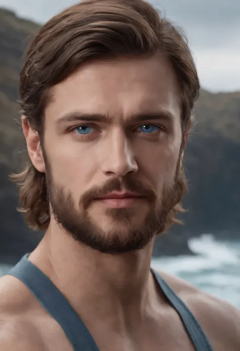 Poseidon, shoulder length brown hair, beard, ocean blue eyes, chiton, muscular. Realistic hyper-detailed portraits, masculine, western style portraits, digital art techniques, wearing a grilling apron