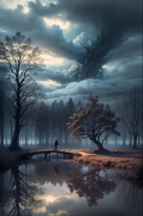 "((Mystical)) atmosphere, girl kneeling beside a pond, ((moody clouds)), ((twisted and gnarly tree)), ((dramatic lighting)), ((reflections in the water)), detailed painting, ((captivating composition)), masterpiece