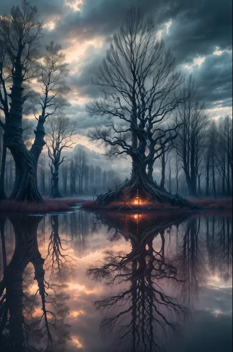 "((Mystical)) atmosphere, girl kneeling beside a pond, ((moody clouds)), ((twisted and gnarly tree)), ((dramatic lighting)), ((reflections in the water)), detailed painting, ((captivating composition)), masterpiece