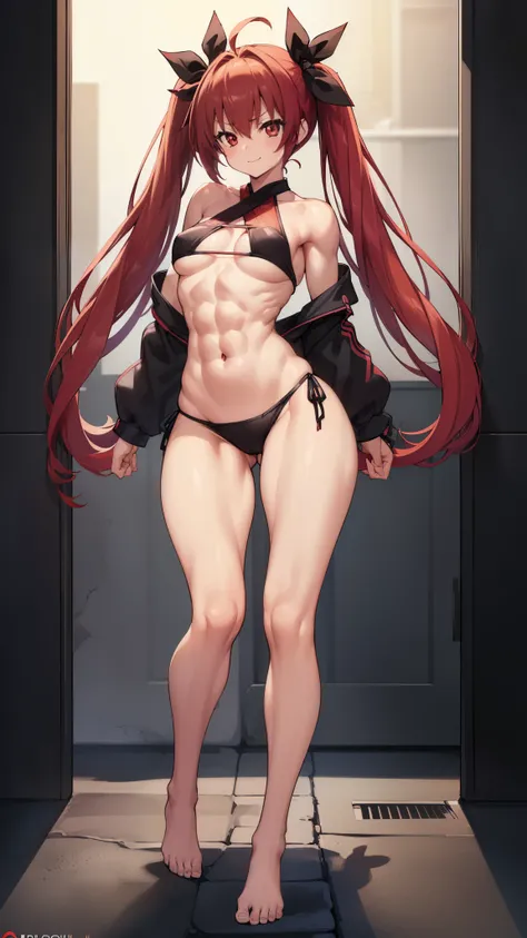 (((1 girl))), Kotoriitsuka, Kotori Itsuka, long hair, (red eyes: 1.5), red hair, Ahoge, (flat chest: 1.2), (medium breasts), with a lollipop in her mouth , (wearing a very sexy short bikini), twintails, hair ribbon, black ribbon, muscular thighs, well defi...