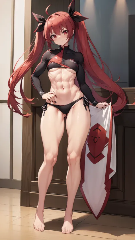 (((1 girl))), Kotoriitsuka, Kotori Itsuka, long hair, (red eyes: 1.5), red hair, Ahoge, (flat chest: 1.2), (medium breasts), with a toothpick in the mouth, (wearing a very sexy short bikini), twintails, hair ribbon, black ribbon, muscular thighs, well-defi...