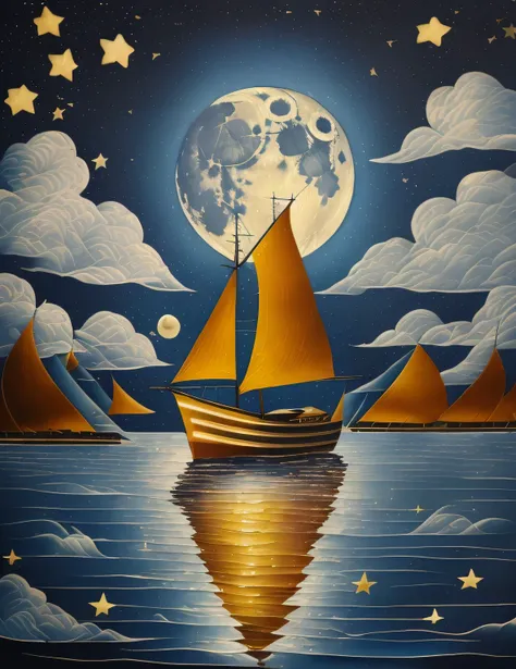 Illuminated ("The moon, a silver boat, sails through the sea of stars, painting dreams on the night sky.":1.2) , Suffering, hillside, Cubism, side lit, Selective focus, Kodachrome, gilded technique, Batik