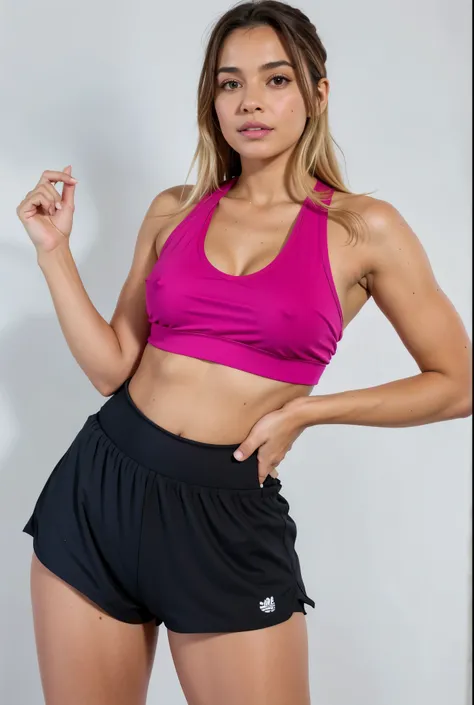 uma mulher com blusa rosa e saia preta posando para uma foto, Rosa quente halter top, halter top, pink halter top, halter top, esportes bem, esportes bem and shorts, topo de colheita, esportes bem, training bra, corte superior, esportes bem and shirt, form...