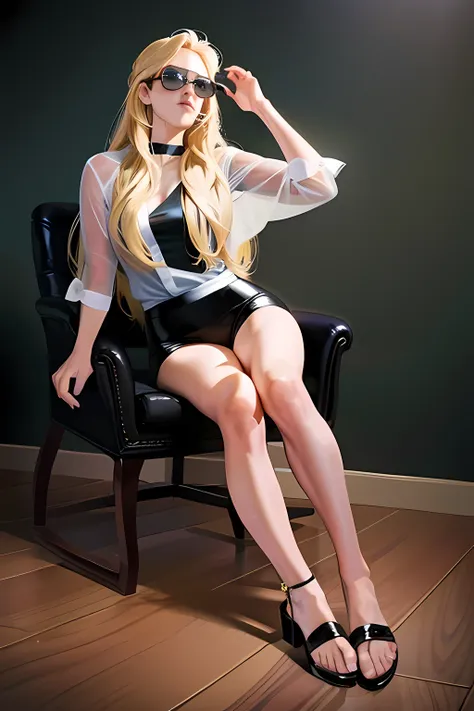 blonde sits on a chair in a black and white outfit, sitting on a chair, everyday pose, with long blond hair, wearing a white shi...