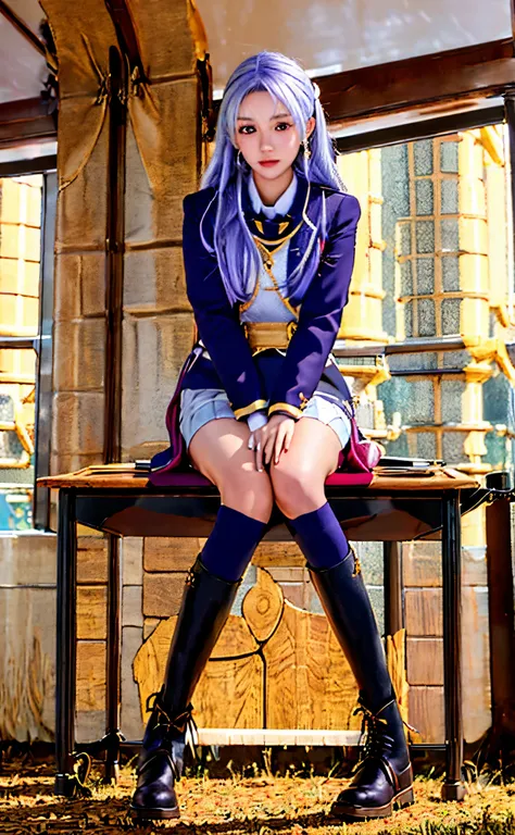 indoors, classroom, sitting at desk, Edelgard, Multi-view upper body, upskirt view, legs together, a3r1th, ,  herself, perfect figure, Edelgard, Hold the pen, silver hair, purple eyes, Red Link, School uniform black shorts, Headband, black ankle boots, Loo...