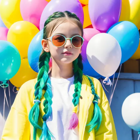 Loli girl, beautiful and cute, wearing blue sunglasses, yellow jacket, white sweatshirt, lots of colorful balloons, baby face, chibi style, white and green two-color hair, ponytail braided hair, perfect detail eyes, delicate face, perfect CG, HD picture qu...