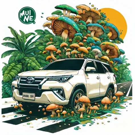 a white toyota fortune parked in front of a forest of mushrooms, official artwork, official illustration, high detailed official artwork, commercial illustration, 🪔 🎨;🌞🌄, official print, official art, by Mi Fu, vehicle illustration, in style of digital ill...