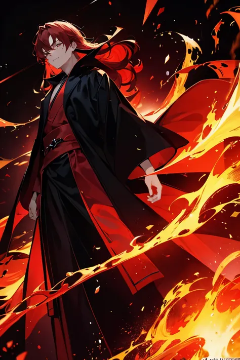 A man with crimson red hair and eyes standing in hell, flames around him, black robe.