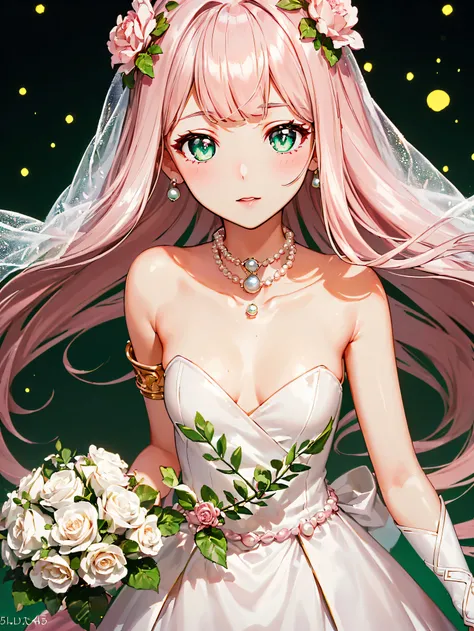 (((pearl pink hair,green pupileautiful and detailed bridal gauntlets,Bouquet,wedding veil,))(Face红), (Geometric:1.1), ((1 girl,Astonishing,cute girl,alone,Half-length photo,))(masterpiece,best quality, official art, Beautiful and aesthetic:1.2),(16k,HD,HRS...