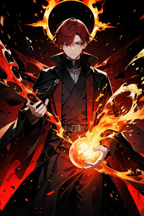 A man with crimson red hair and eyes standing in hell, flames around him, black robe.