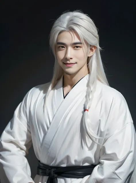 youth, human, white hair, realistic, Samurai costume, My hair is very long., put on makeup, smile