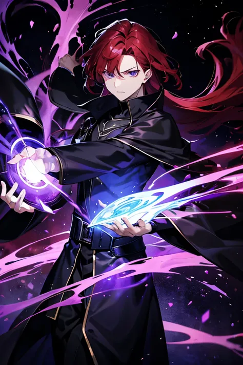 A sorcerer man with crimson red hair and eyes standing, dark purple magic around him, black robe.