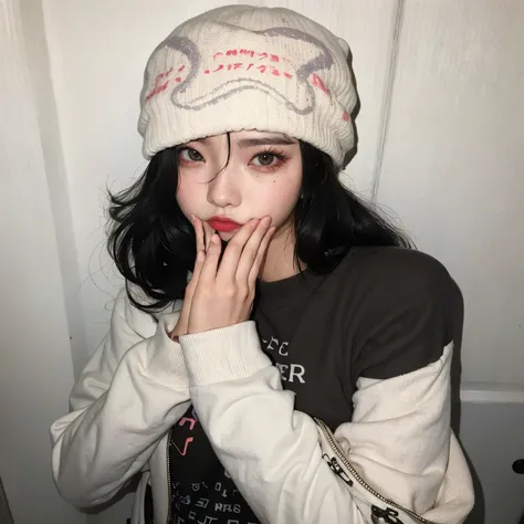 puffy woman with hat on her head and hand over her mouth, Ulzzang, grunge Aesthetics, she is wearing streetwear, anime vibes, grunge Aesthetics!!!, grunge Aesthetics!!! (, Aesthetics!!!!!!!!!!, e 2k cutecore clowncore, creepy Aesthetics, e-garota, e - garo...