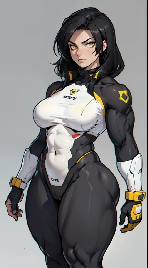 girl solo standing muscular girl toned body large breasts thick yellow eyes black hair pale skin perfect anatomy perfect anatomy perfect anatomy best quality best quality