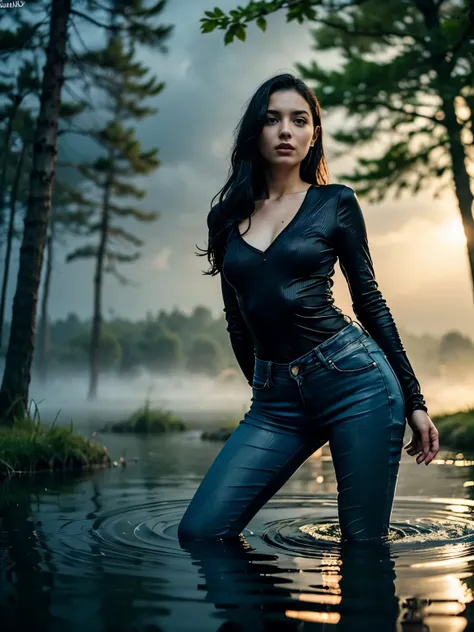 A  hot girl, drown in a swamp in a chest,illustartion, (Best Quality,4k,8K,hight resolution,Masterpiece:1.2),Ultra-detailed,(Realistic,photoRealistic,photo-Realistic:1.37),Horror,dark and gloomy atmosphere with dramatic lighting, Vivid colors, Foggy surrou...