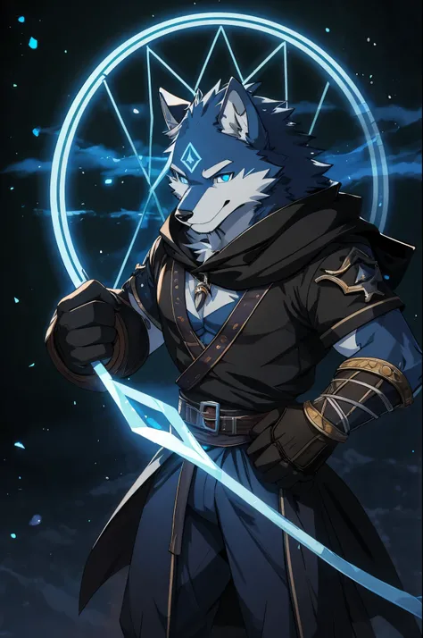 solo, 1 character, male, tall and slim body, adult, dark coat, dark cloack, light-blue furry wolf, light-blue fur, very-long hair, light-blue eyes, perfect quality, perfect face, perfect eyes, perfect anatomy, 2 legs, 2 arms, 5 fingers, ice magic, epic, pe...