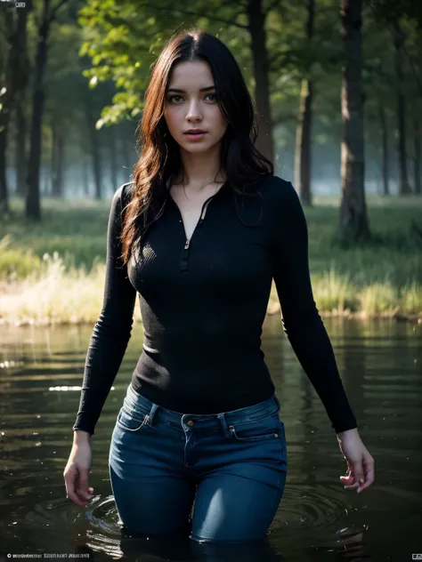 A  hot girl, drown in a swamp in a chest,illustartion, (Best Quality,4k,8K,hight resolution,Masterpiece:1.2),Ultra-detailed,(Realistic,photoRealistic,photo-Realistic:1.37),Horror,dark and gloomy atmosphere with dramatic lighting, Vivid colors, Foggy surrou...