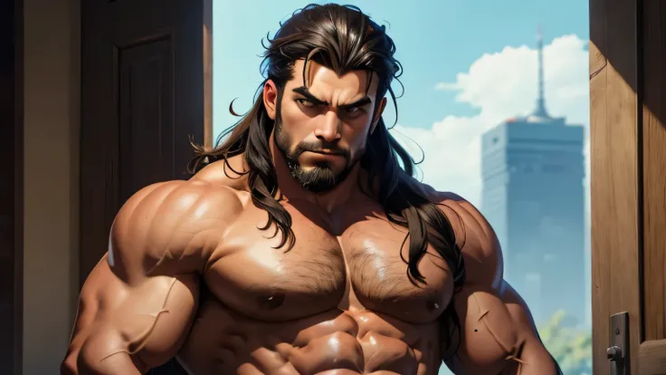 show me an image of a stoic king who has the musular physique of a chiseled grease monkey, muscles bulging