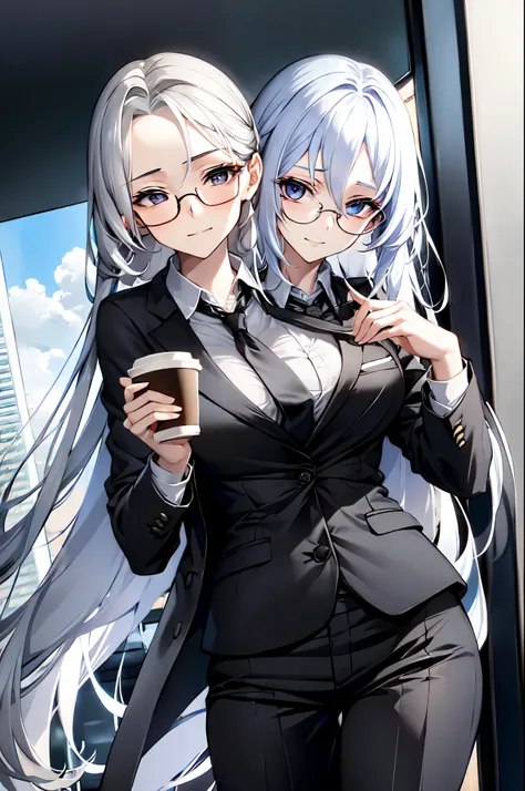 2heads, 1girl, glasses, small smile, very long white hair, petite body, short, black necktie, jacket, trouser, collared shirt, Black pantsuit, white shirt, holding a coffee, masterpiece, high quality, absurdres, office, beautiful background, holding cup of...