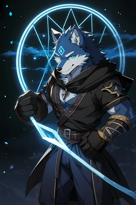 solo, 1 character, male, tall and slim body, adult, dark coat, dark cloack, light-blue furry wolf, light-blue fur, very-long hair, light-blue eyes, perfect quality, perfect face, perfect eyes, perfect anatomy, 2 legs, 2 arms, 5 fingers, ice magic, epic, pe...