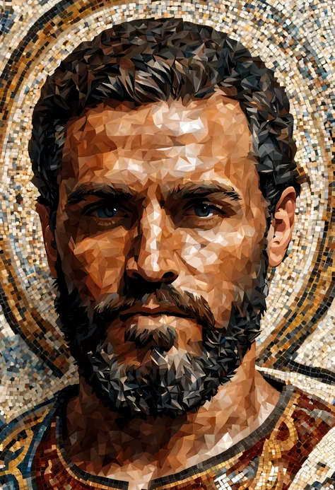 byzantine style mosic art, male, Malachi, beard, dark medium skintone, half body, Ultra HD, hyperdetail, ultradetail, hyperrealistic, high definition, upscaled cinematic realistic, mosaic style, flat mosaic