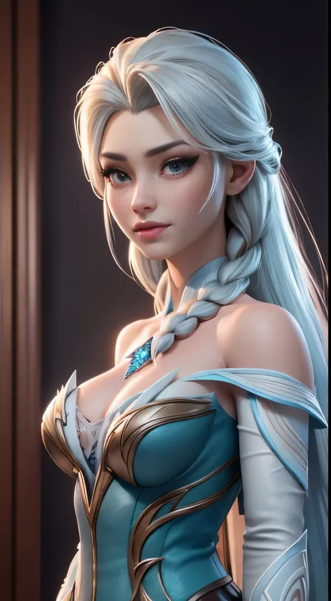 Highly detailed CG unity 8k wallpaper, style shot, complex, high detail, dramatic, highest quality movie still image, very detailed, masterpiece, best quality, character design, Elsa, Elsa from Frozen, (( Dark style)), realistic ultra-detailed rendering st...